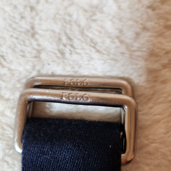 Polo Ralph Lauren Adjustable Belt Navy Blue Cloth Leather Trim Measures 38" Golf - Picture 3 of 6